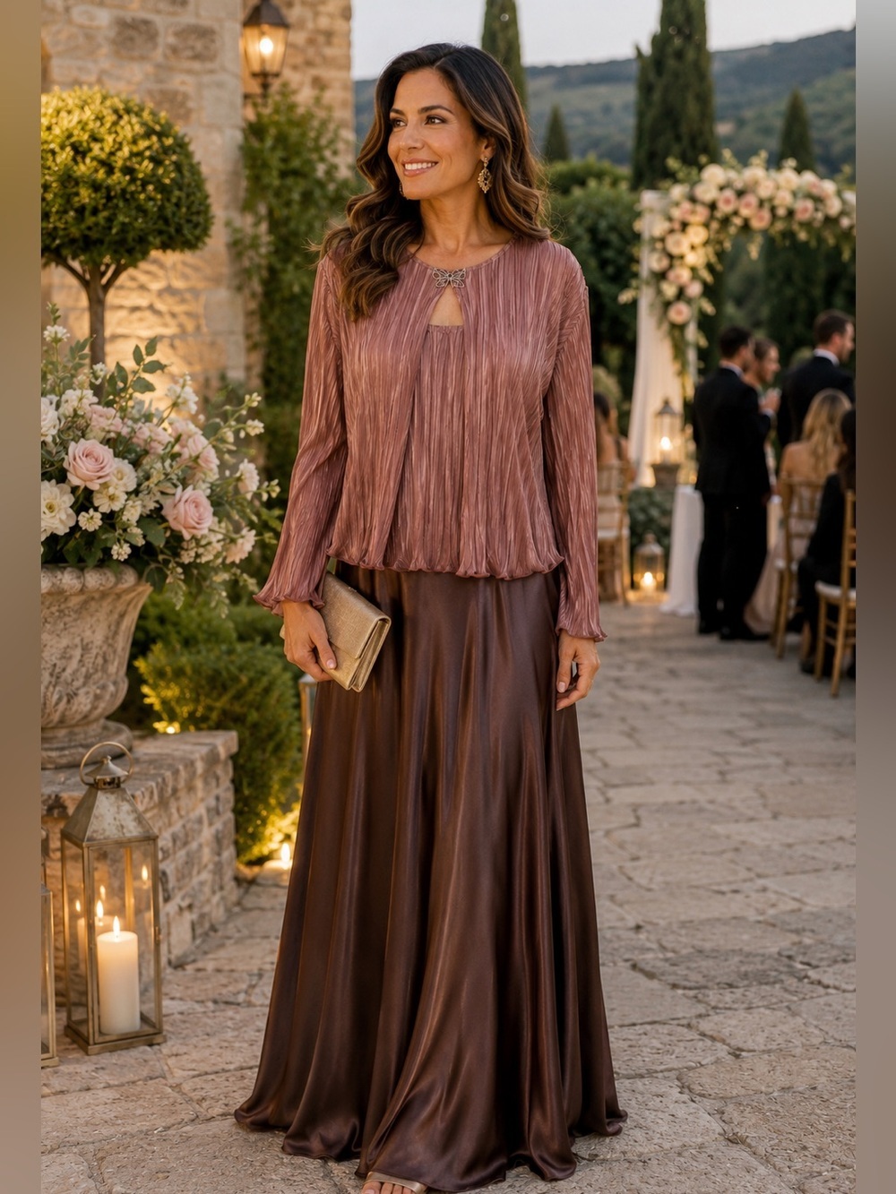 Cachet Rose-Pink Pleated Jacket with Chocolate Satin Skirt